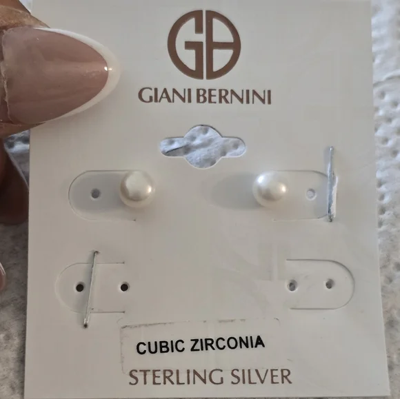 Giani Bernini Sterling Silver Cubic Zirconia Stud Pearl Earrings New - Picture 2 of 6